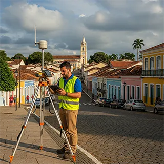 Equipe utilizando equipamentos topográficos
